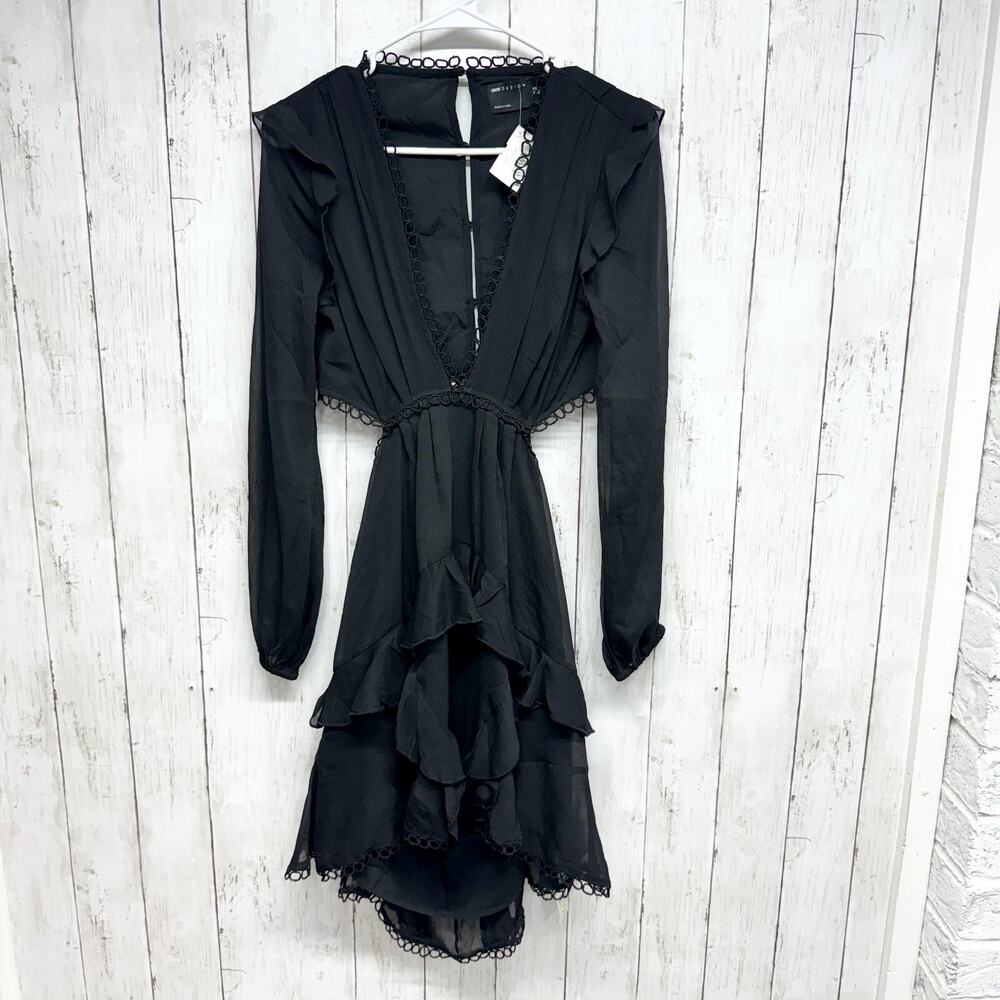 ASOS Dress Women Size 6 Mini Laced Open Black Pleated Ruffled Black Summer